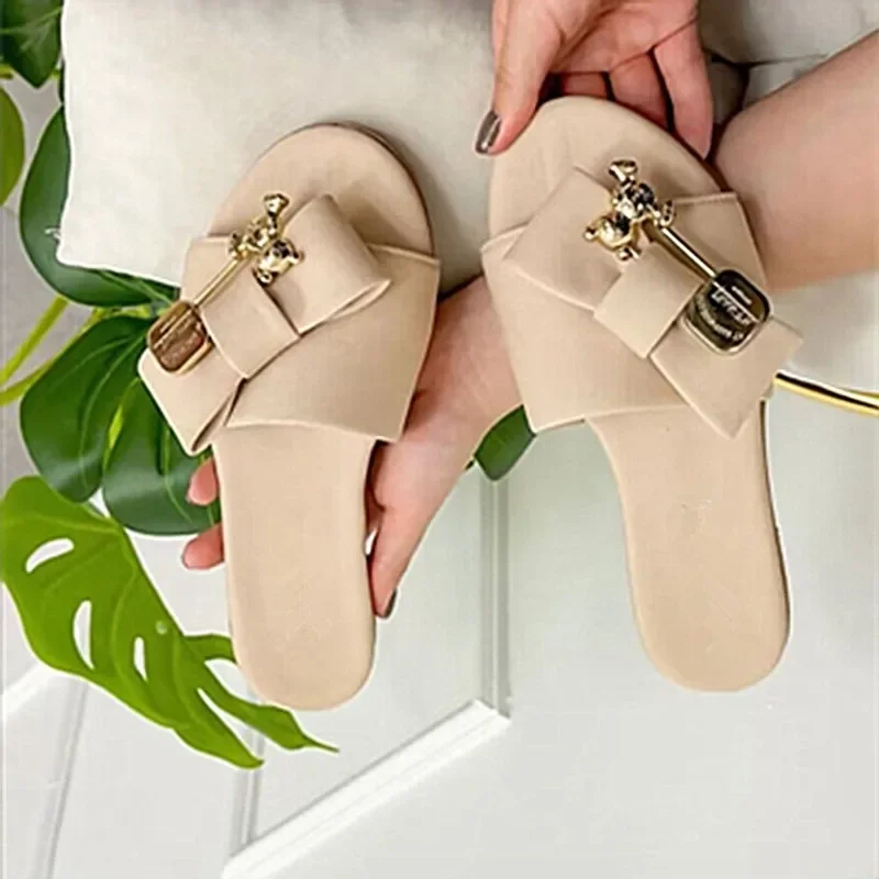 Large Size Flat Denim Sandals Summer New Bear Metal Buckle Bow Anti-slip Wear-resistant Lightweight Flip-flops