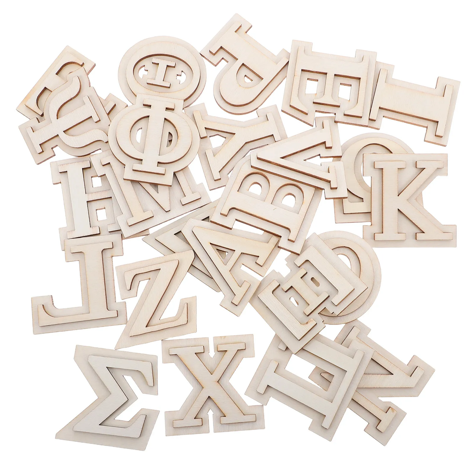 

24 шт. деревянных фигур в виде греческих букв, двухслойные, в деревенском стиле, необработанные деревянные заготовки для DIY-проектов, настенного декора, поделок и украшения дома