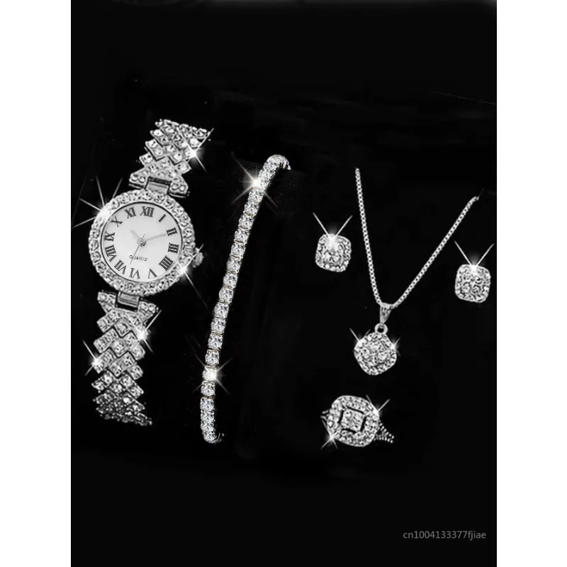 5PCS Set Watch Women Ring Necklace Earrings Rhinestone Fashion Wristwatch Female Casual Ladies Watches Bracelet Set Clock