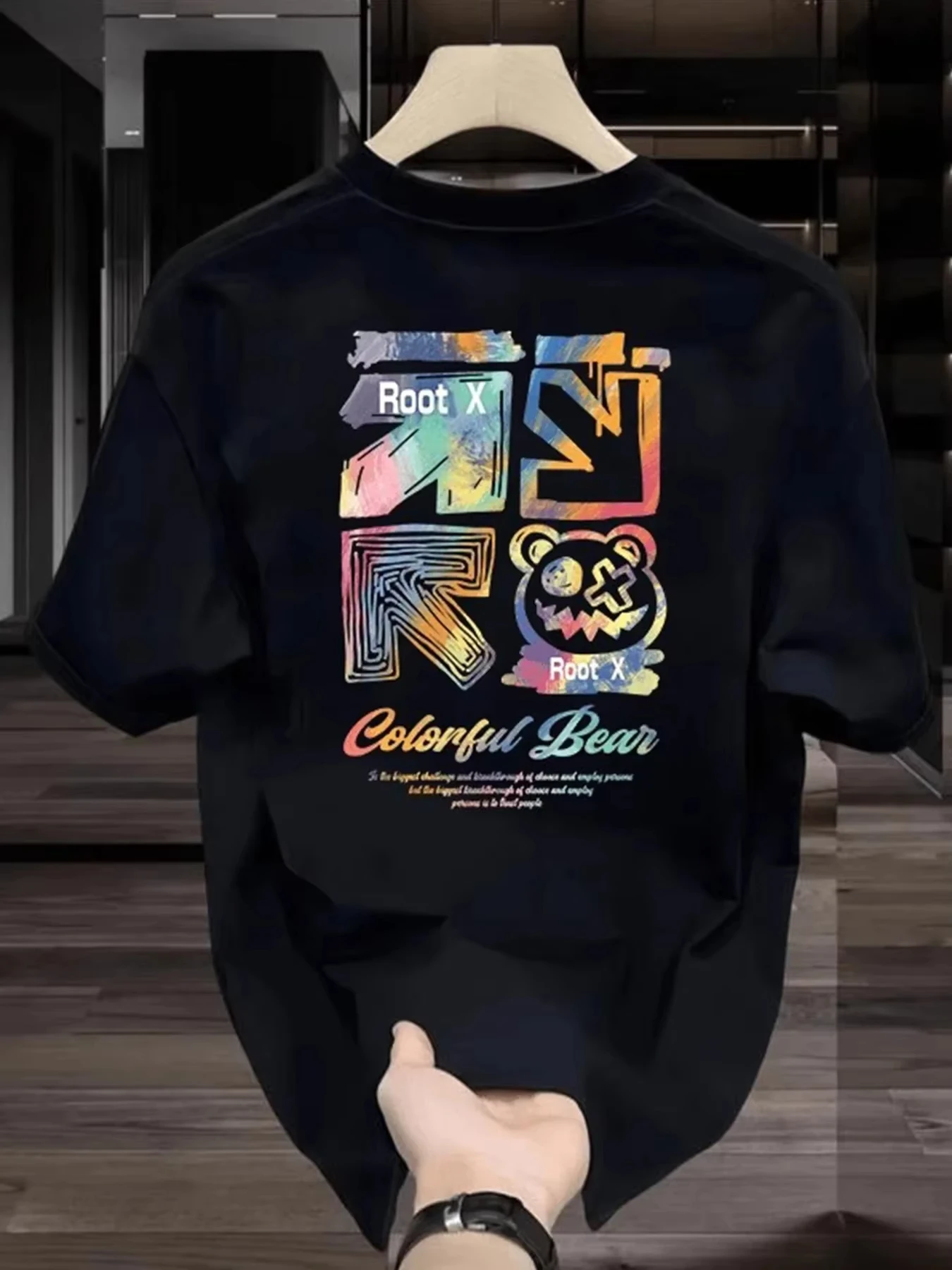 2026 Men's Oversized T Shirt Colorful Graffiti Bear Letter Graphic Print Short Sleeve Cotton Streetwear Unisex Tee