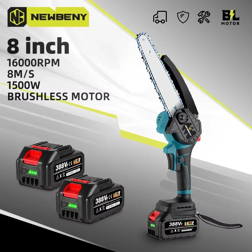 NEWBENY 8 Inch Brushless Cordless Oil Electric Chain Saw Handheld Rechargeable Woodworking Cutting Tool For Makita 18V Battery