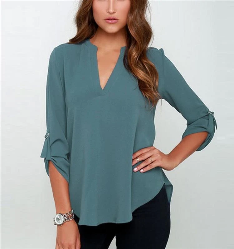 بلوزة V-Ne فضفاضة قابلة للطي بلون نقي من الشيفون irt Street Sle طويلة Sve للسيدات للربيع بلوزة فضفاضة غير رسمية