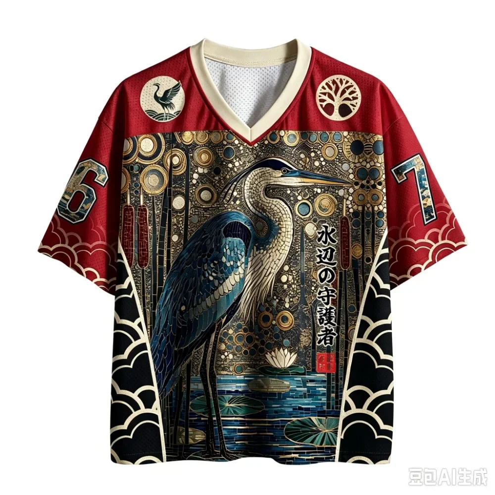 Unisex Japanisches Ukiyo-e-Design mit Storch und Lotusblumen, vollständig im 3D-Druckverfahren, V-Ausschnitt, Jersey-Stoff, modisches Street-T-Shirt, lockeres, atmungsaktives T-Shirt mit kurzen Ärmeln für den Sommer. – Detail 5