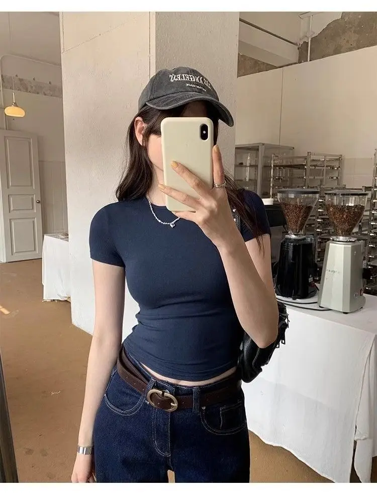O Neck Solid Slim T Shirts American Vintage Women T-shirt 2026 New Summer Cotton Tee Shirts Short Sleeve Basic Short Top