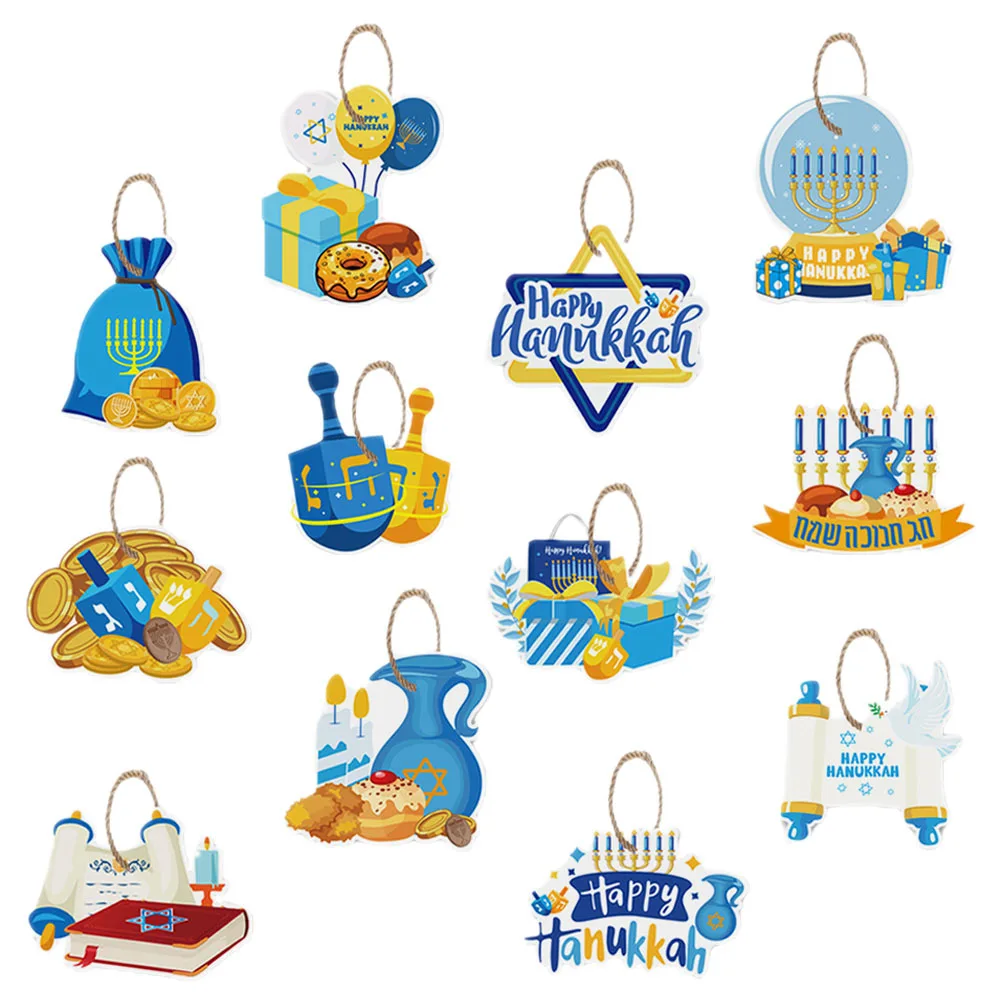 

12Pcs Hanukkah Hanging Ornament Paper Hanging Signs Party Props Home Decor Hanukkah Celebration Decorative Cards