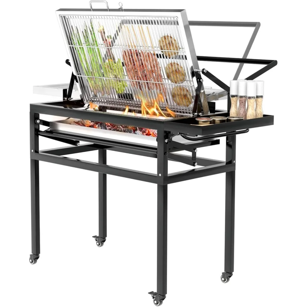 

BBQ Charcoal Grill with Cart, Heavy Duty Square Outdoor Detachable Portable Grill, 360° Rotating Cooking Grid Stand-up Grills wi