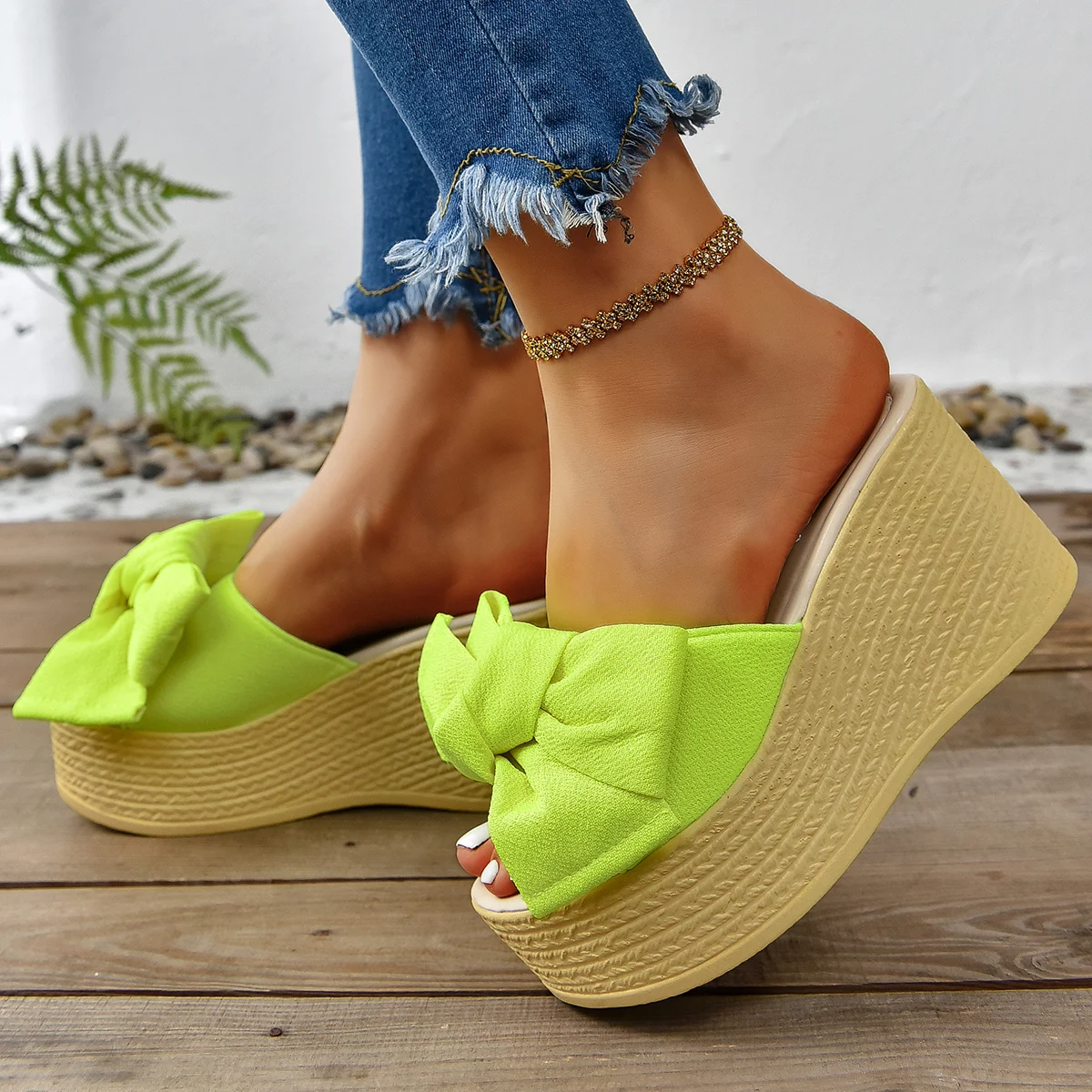 Aphixta Super High Heels Outside Slippers Women Sweet Butterfly Knot Mulers 4cm Platform Sandals Fluorescent Slides Plus Size 43