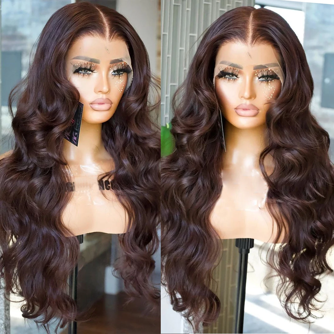 

13x4 темно-коричневый объемный волнистый парик спереди, синтетический парик из натуральных волос для женщин, бесклеевой парик для повседневного использования, парик для косплея