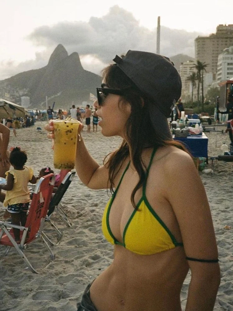 Pakaian renang Bikini estetika inti Brasil wanita, pakaian pantai seksi, setelan monokromatik, 2 potong, 2024