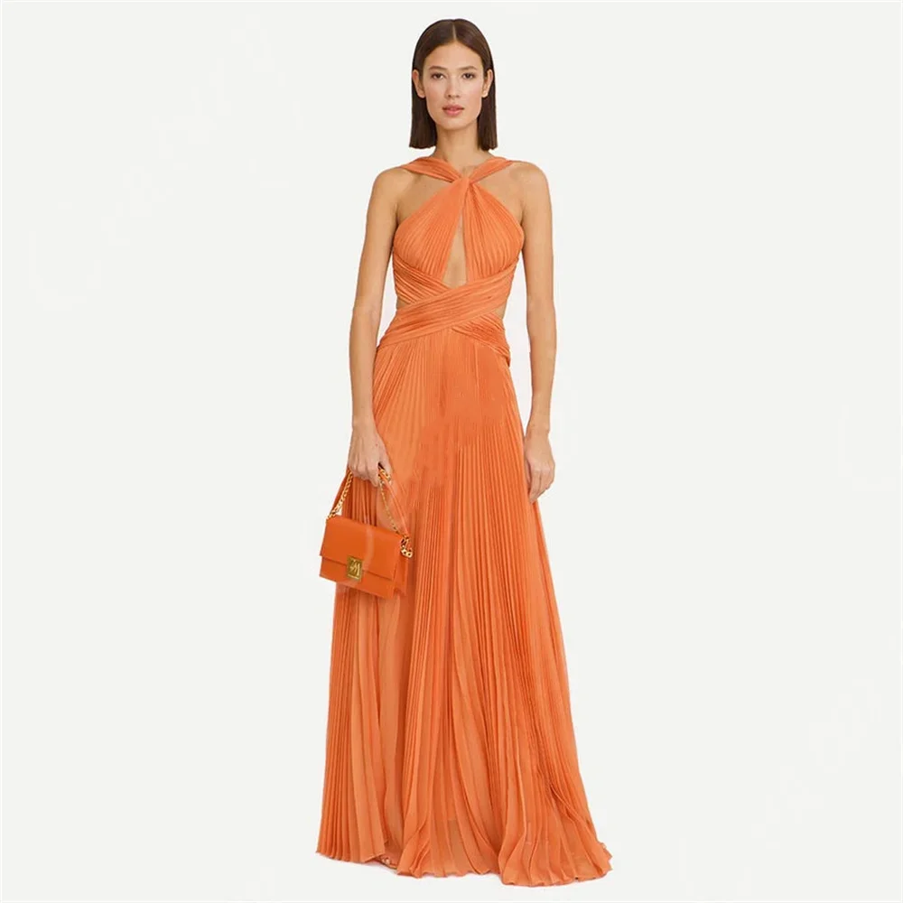 

Charming Backless Women's Evening Dress Cross pleated Sleeveless Celebrity Dress A-line Floor mopping Ball Dress Customization