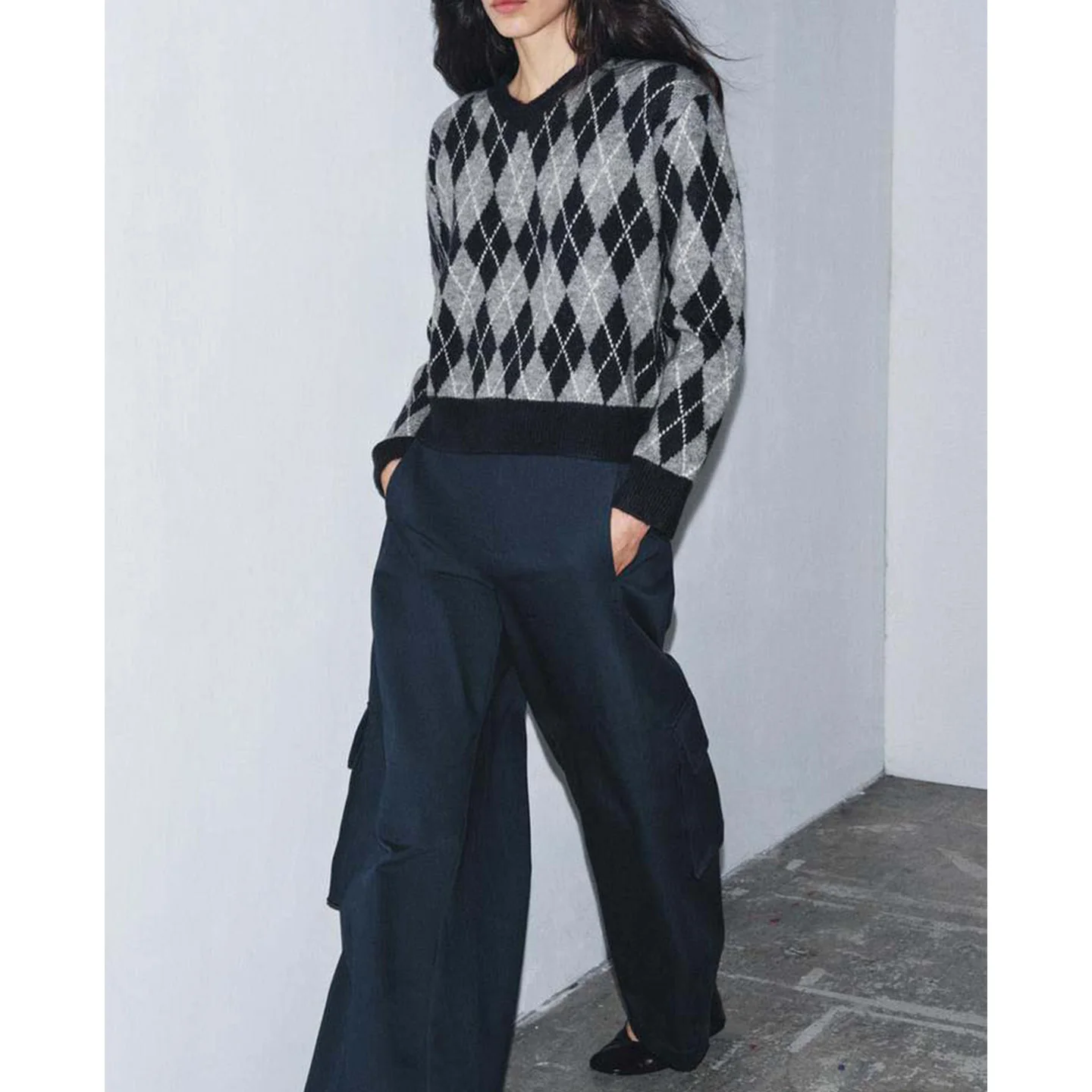 Herbst Winter Neue Ankunft frauen College Sle Einfache V-Ne Lange Sve Diamant Muster Gestrickte Top Casual Lose Fit polyes...