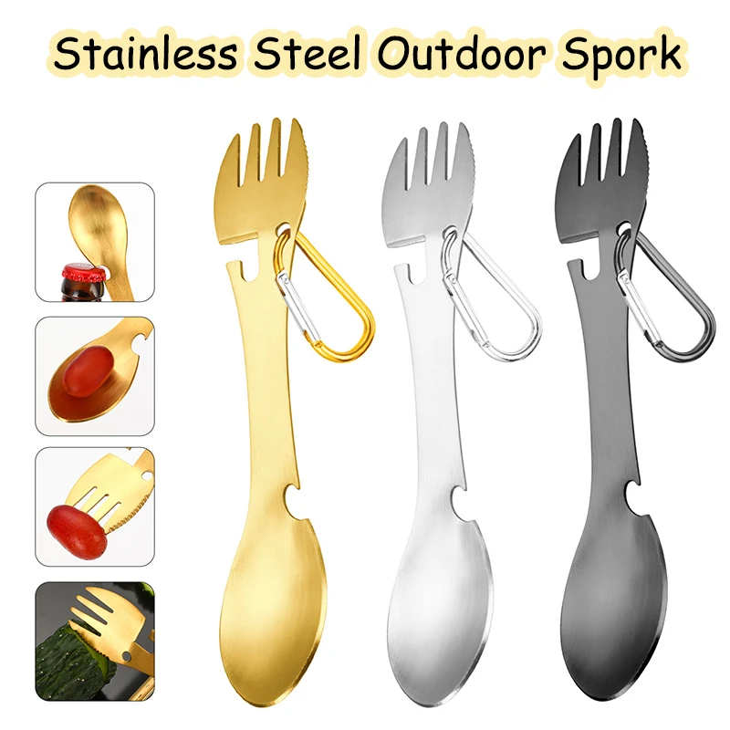 

Outdoor Camping Cutlery 4 In 1 Spork Stainless Steel Fork Spoon Knife Opener Tableware Multifunction Flatware Picnic Utensil