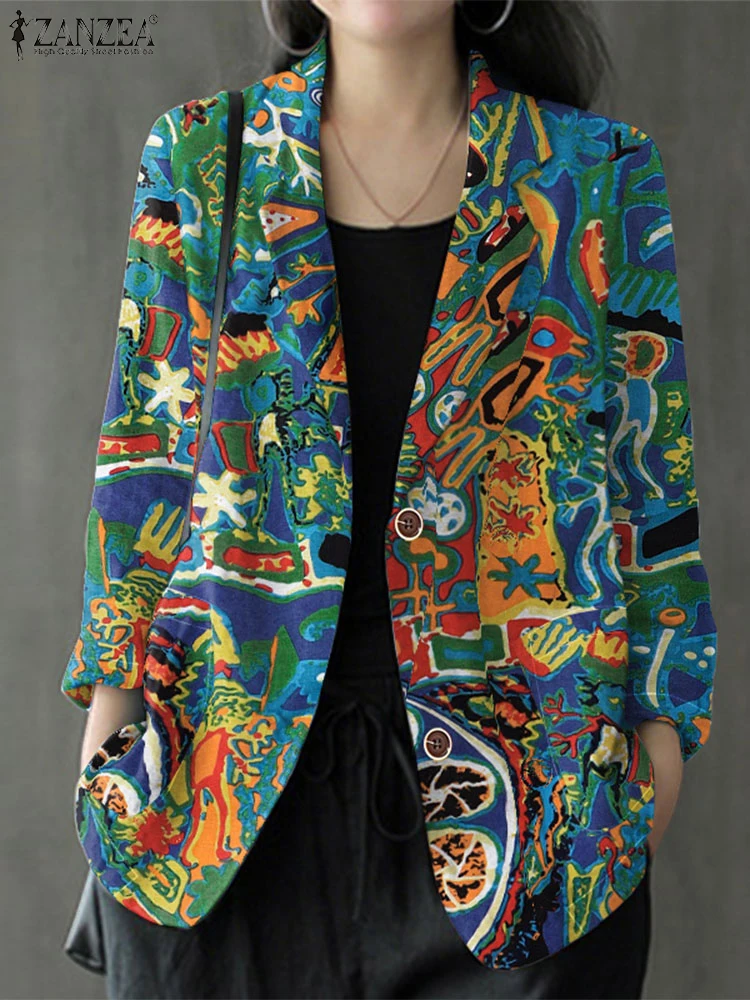 

ZANZEA Casual Cotton Blazer for Woman 2025 Autumn Long Sleeve Notched Lapel Neck Suit Jackets with Vintage Abstract Printing