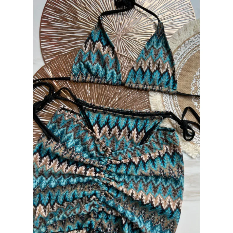 Summer New Women's Swimsuit 3 Piece Knitted Bikini Set with Wrap Coverup Halter Swimsuits for Beach Vacations