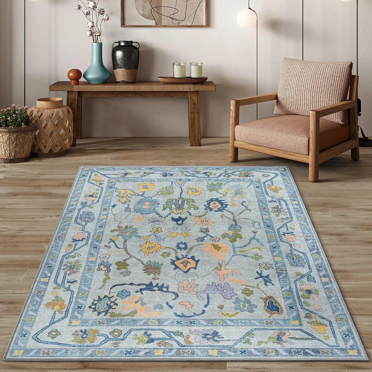 Blue Turkish Carpet Retro Machine Washable Non Slip Large for Living Room Bedroom Dining Farmhouse Home Decor Area Rug Floor Mat