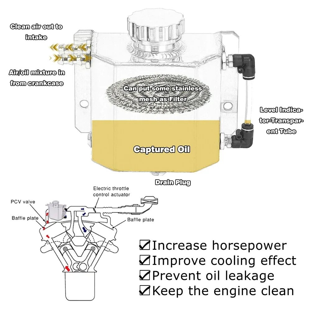 Universal 1L/2L Aluminum Oil Catch Can Breather Tank Coolant Radiator Overflow Tank Oil Fuel Gas Catch Can Breather Tank