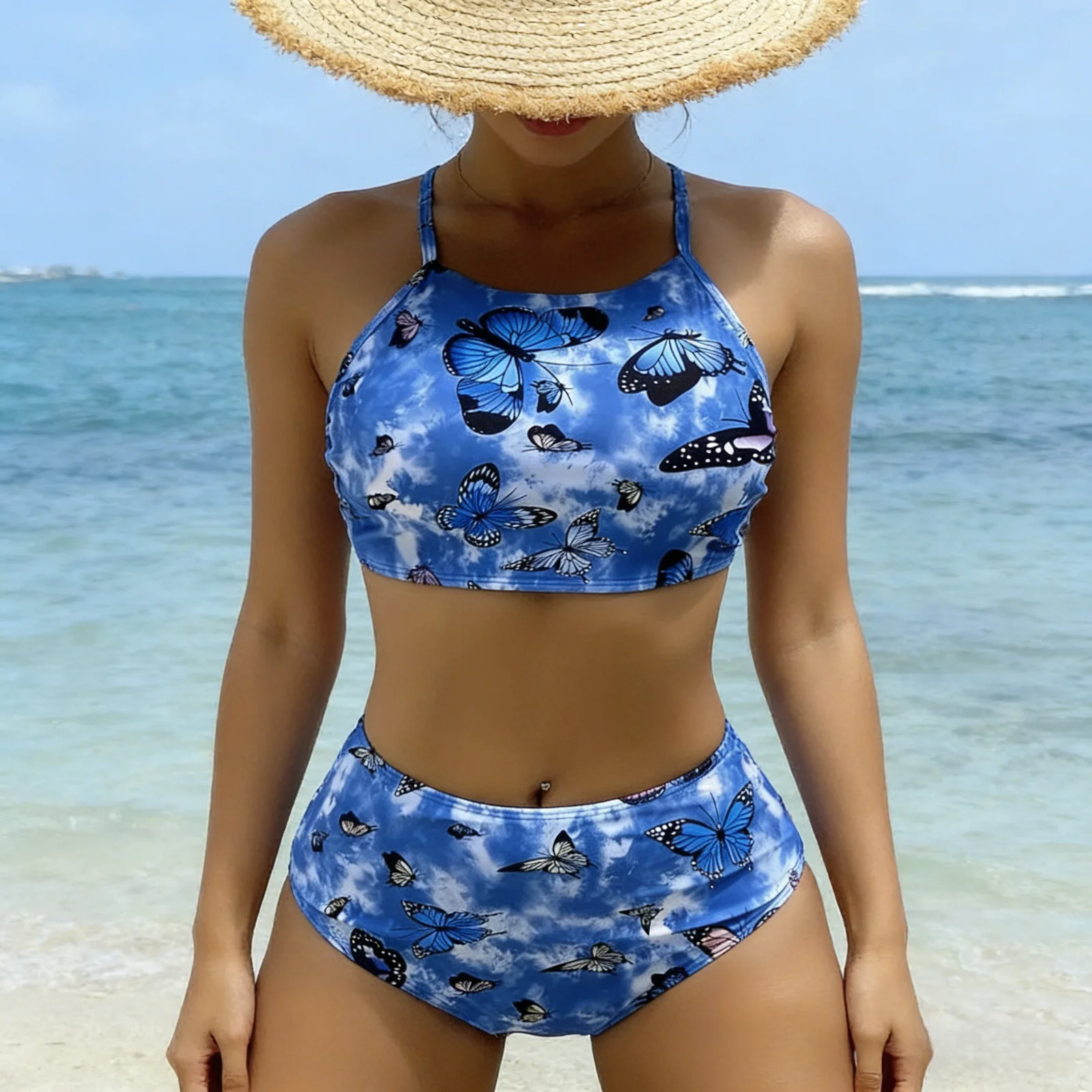 

Women High Waist Butterfly Print Bikini Set Blue Tie Dye Halter Two Piece Swimsuit with Crisscross Back for Beach Vacation Pool