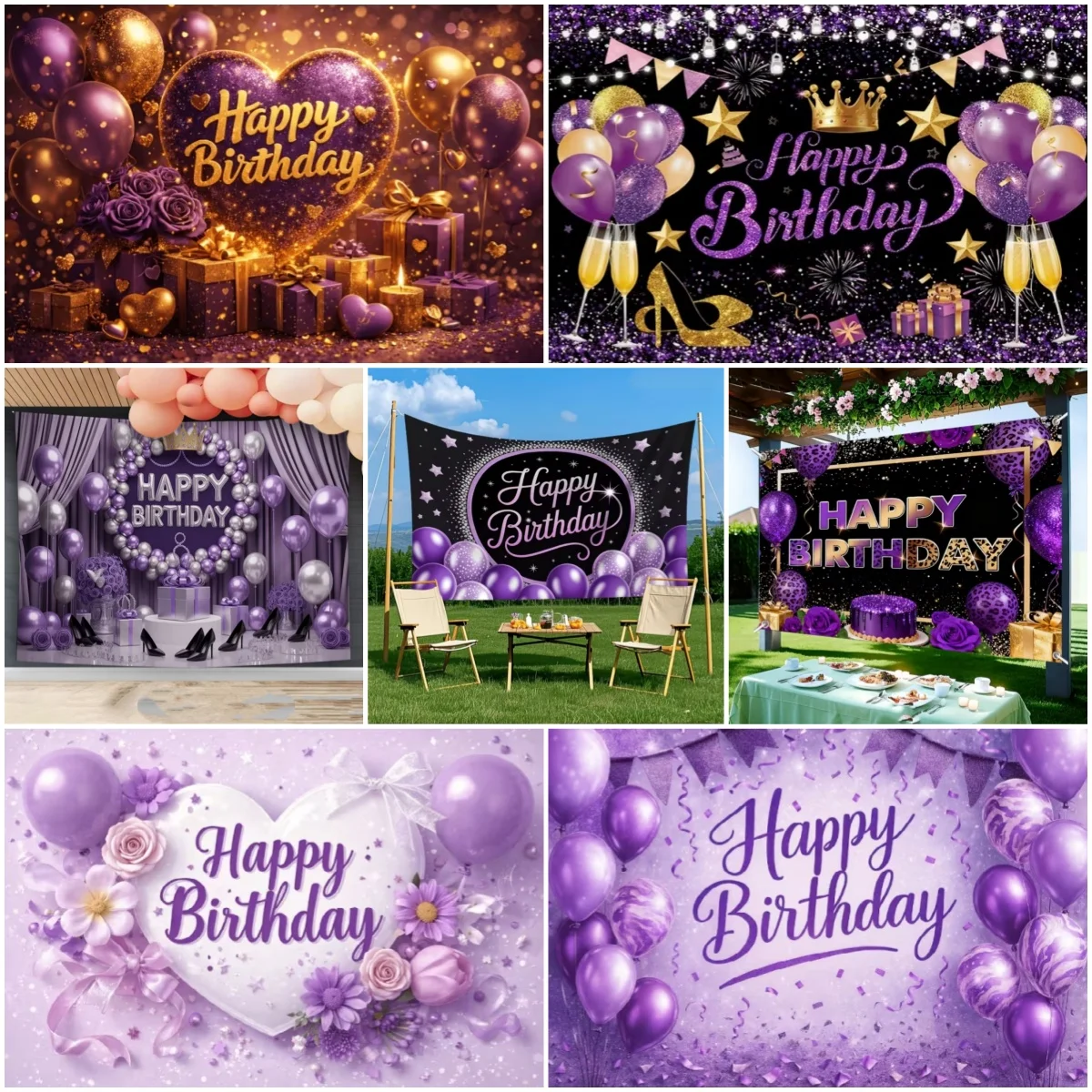 

Purple Balloon Theme Girl Birthday Party Background Decoration Shiny Glitter High Heels Banner Photo Photography Prop Adult Gift