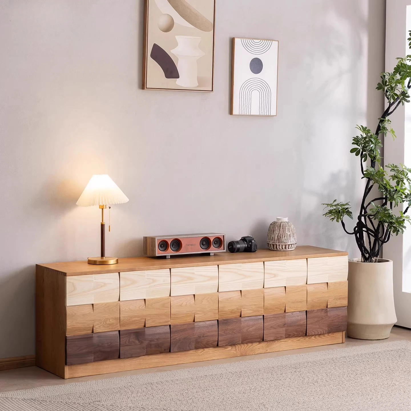 TV cabinet Floor  Storage solid wood combination Small apartment Nordic simple Japanese audio-visual cabinet Log living room