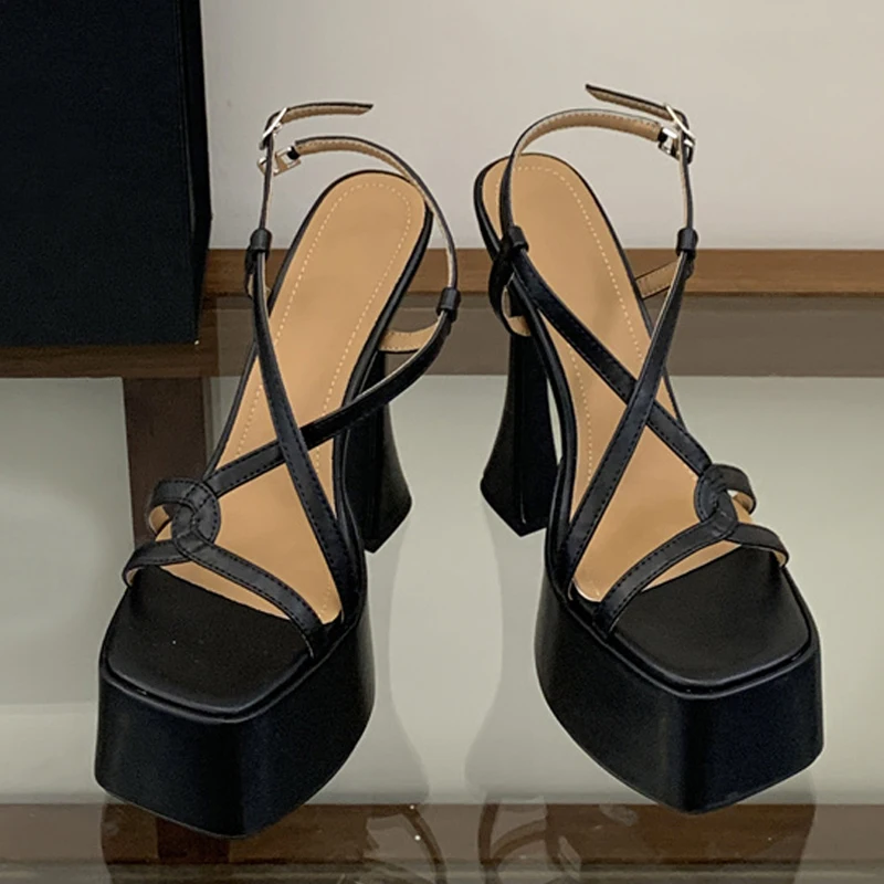 Liyke Black White Narrow Band Back Buckle Strap Women Platform Sandals Sexy Chunky Square Toe Super High Heels Party Dress Shoes - view 4