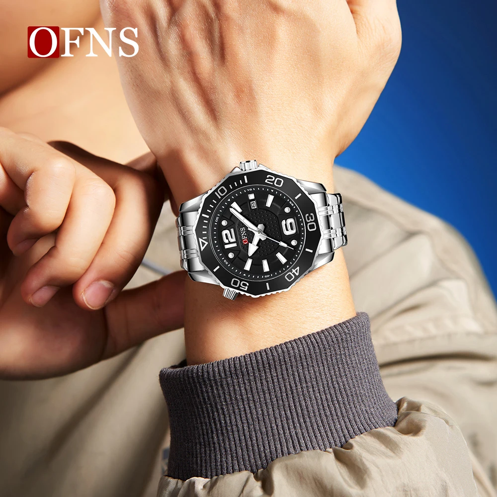 OFNS 1625 Casual Men's Quartz Wristwatch Calendar Luminous Waterproof Steel Strap Fashion Sports Watches for Man