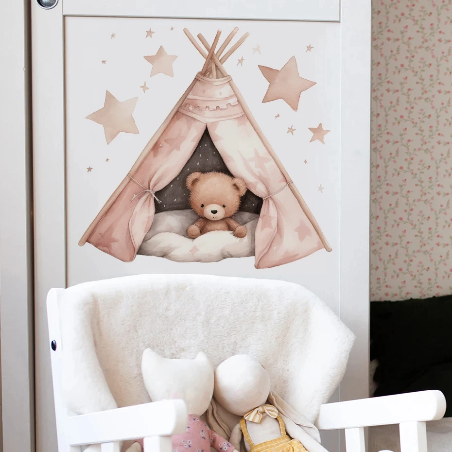 

Boho Pink Cartoon Teddy Bear Stars Tent Wall Stickers for Kids Room Bedroom Nursery Home Decoration Wall Decals