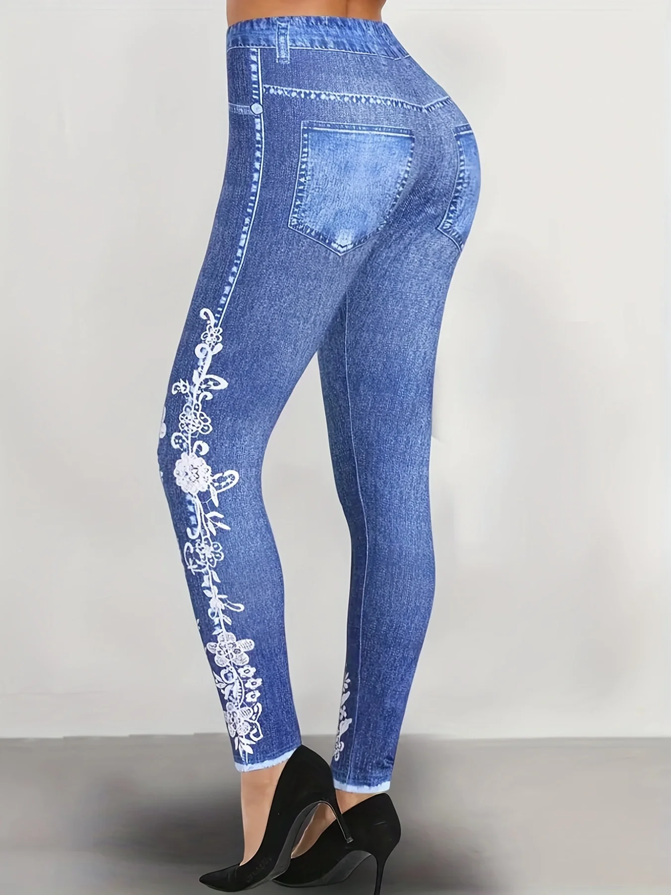 Women's Elegant Summer Faux Denim Floral Print Leggings Casual Daily Wear Long Pants
