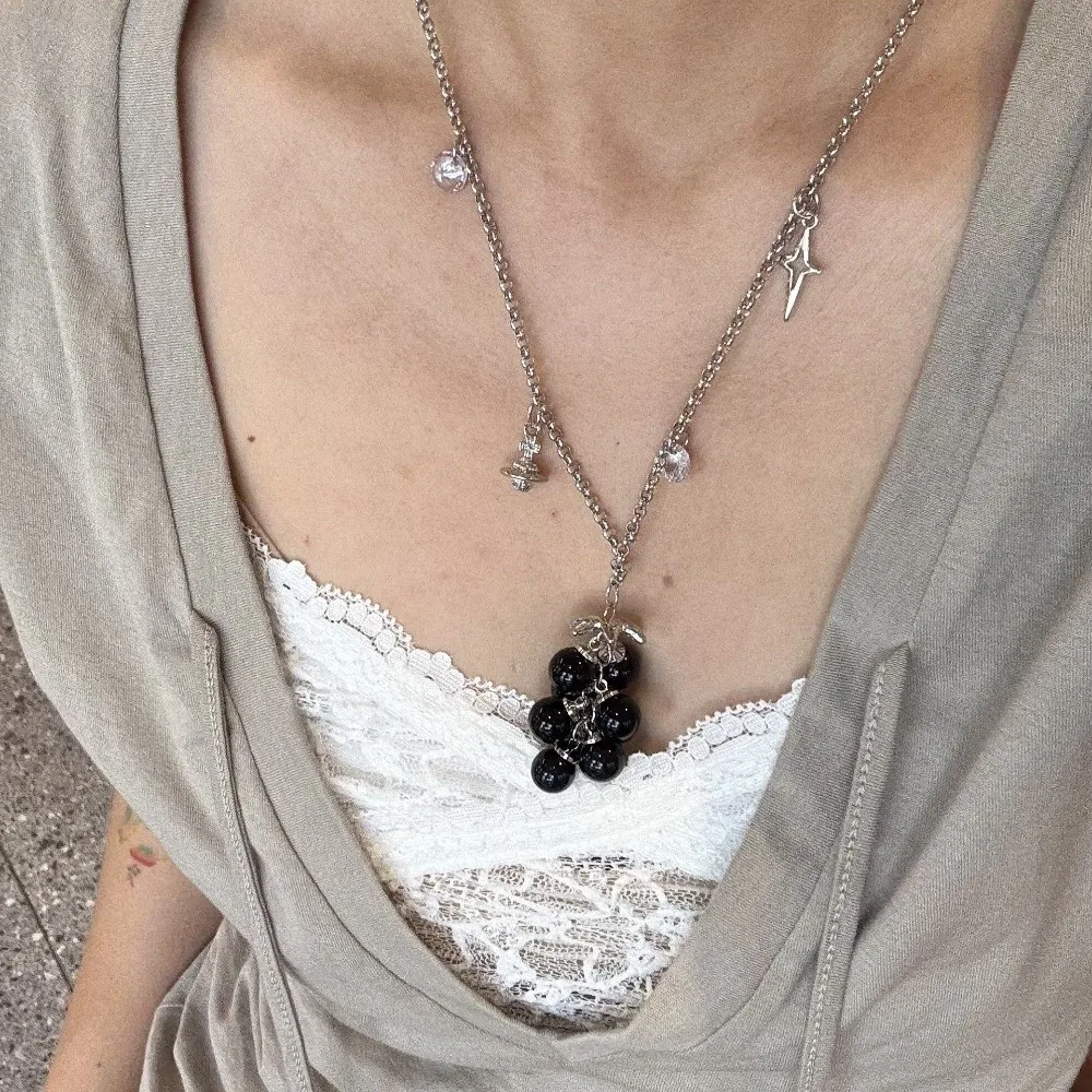 Beaded Grape Cluster Necklace Saturn Translucent Starburst Choker Layering Cool Toned Fruit Cluster Charm Clubbing