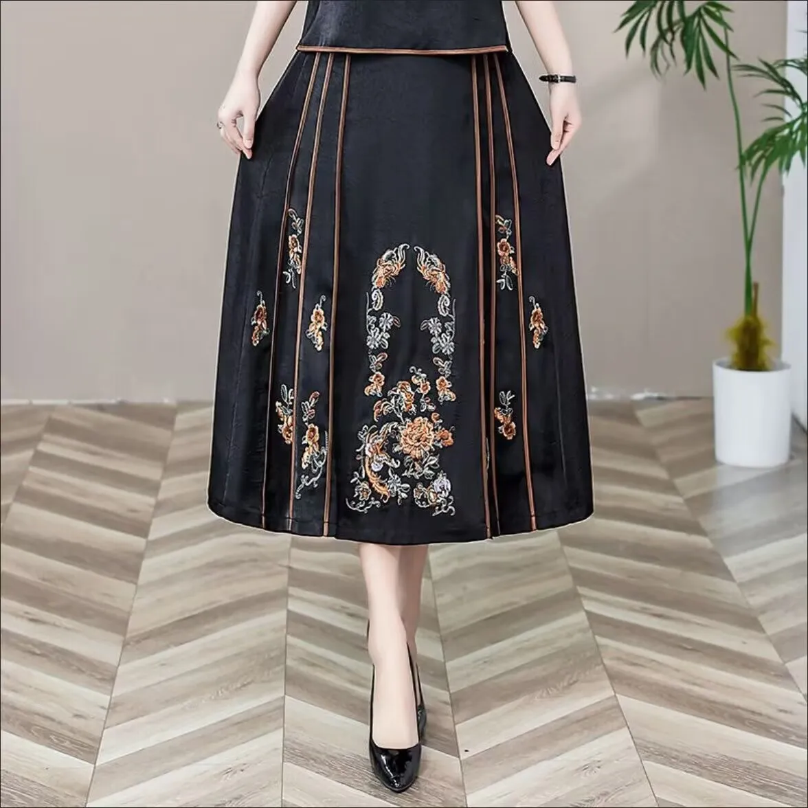 Summer Ladise Embroidery Horse Face Skirt Middle Aged Elderly Mothers High Waist Maxi Skirt Female Large Size 6XL Long Skirts