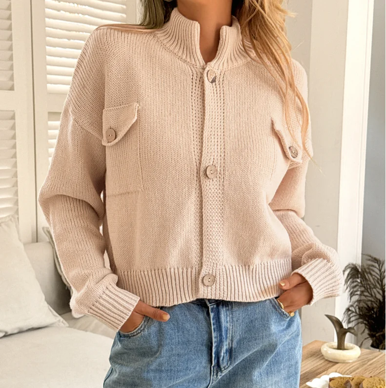 

Female Fashion Long Sleeve Coat Autumn & Winter Versatile Elegant Commuting Stand Neck Solid Sweater Jacket Women's Clothing