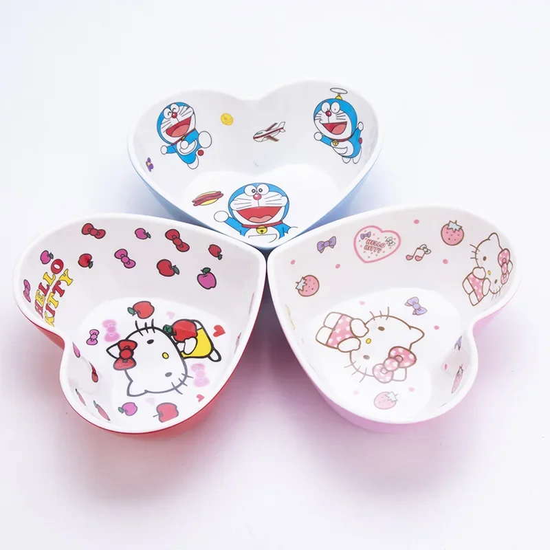 

Sanrio Kawaii Hello Kitty Bowl Cartoon Cute Melamine Drop-proof Heat-resistant Heart-shaped Bowl Ins Anime Kids Kitchenware Gift