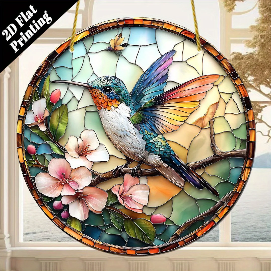 [2D Flat] 1pc Hummingbird & Floral Suncatcher, 2D Flat Printing, 9