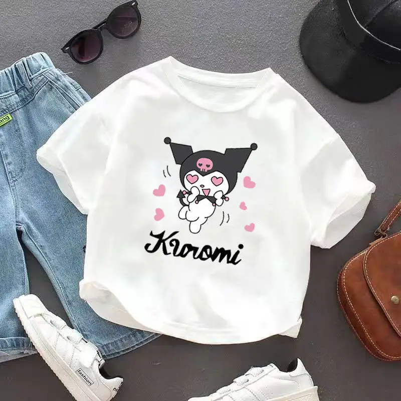 Sanrioed-Camiseta de manga corta de algodón Cinnamoroll para niños y niñas, Kuromi bonita camiseta de dibujos animados, Tops de verano, ropa para niños, regalo absorbente de sudor