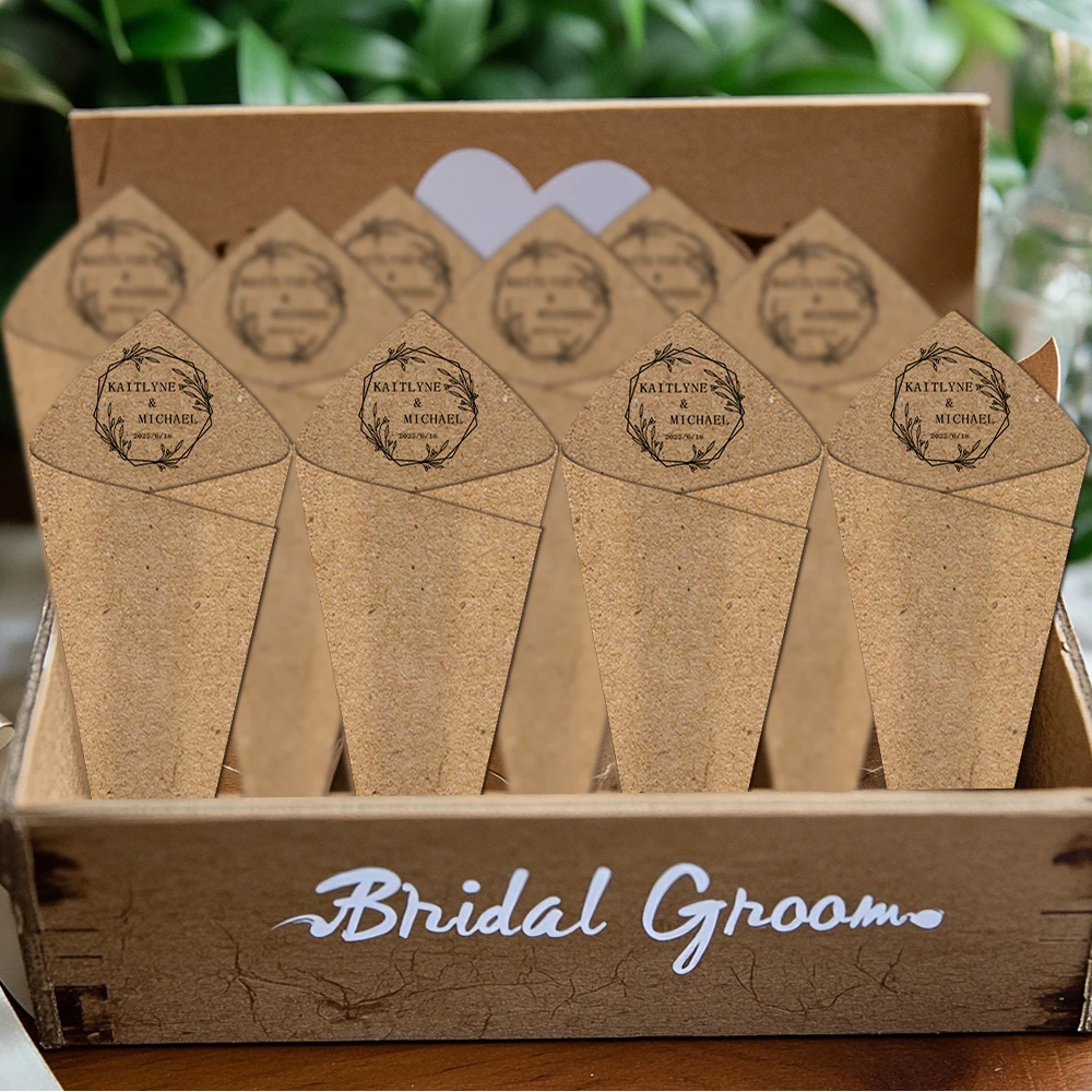 20/40pcs Custom DIY Wedding Cone for Petal Toss Personalized Confetti Cones Kraft paper with Wedding Bride Groom's Name Date