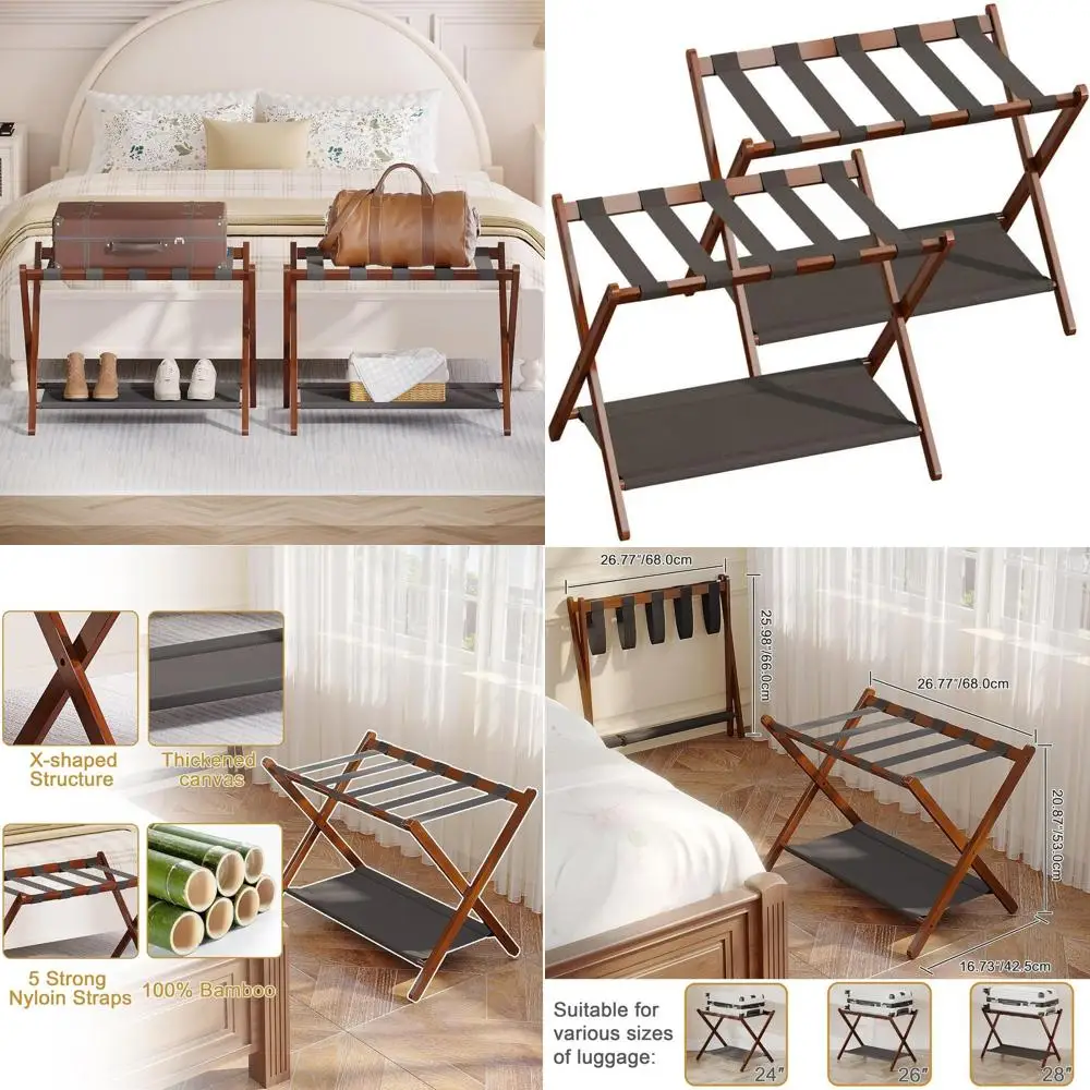 

Brown Folding Wide Suitcase Stand with Fabric Shelf and Bamboo Rack for Hotel Guest Rooms