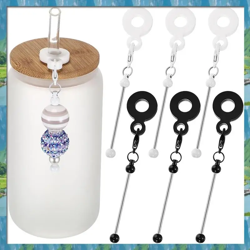 AB07 ร้อน 6 ชิ้น Beadable Tumbler Straw Charms Black & White, DIY Beaded Straw Charm อะแดปเตอร์สําหรับ Custom ถ้วย