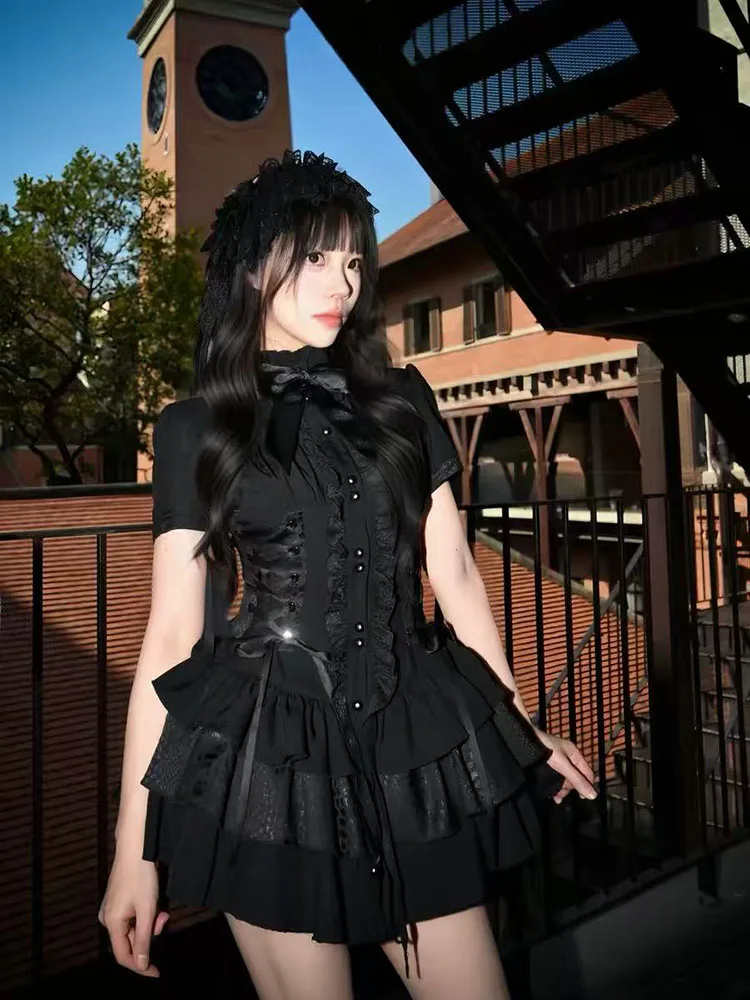 Japanese Y2K Gothic Patchwork Dress Women Summer Subculture Shorts Sleeve Cape Dress Sweet Lolita Dark Academia Vestidos Mujer