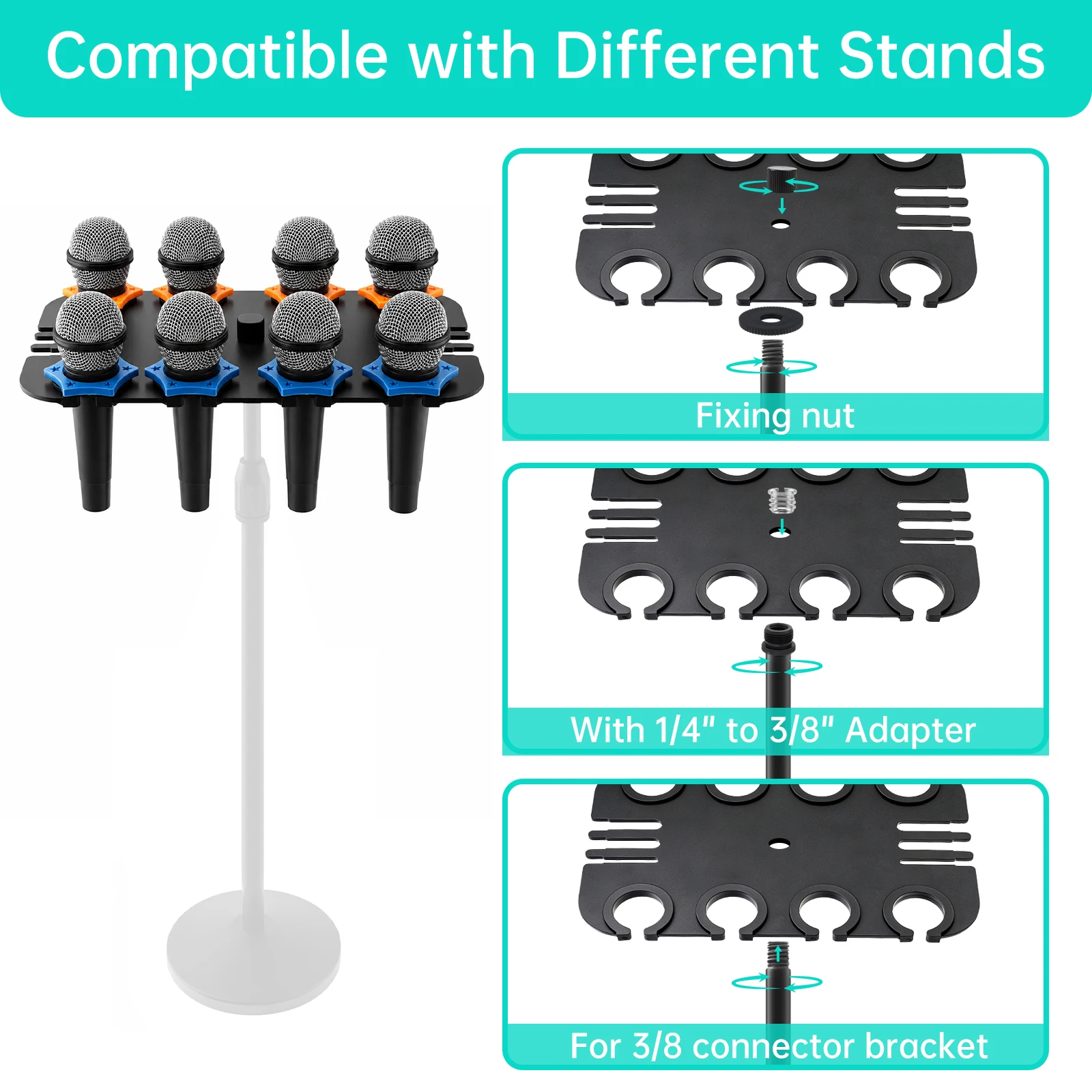 8-Slot Multi Microphone Holder for Handheld Dynamic, Wired & Wireless Mics with Cable Organizer Hook