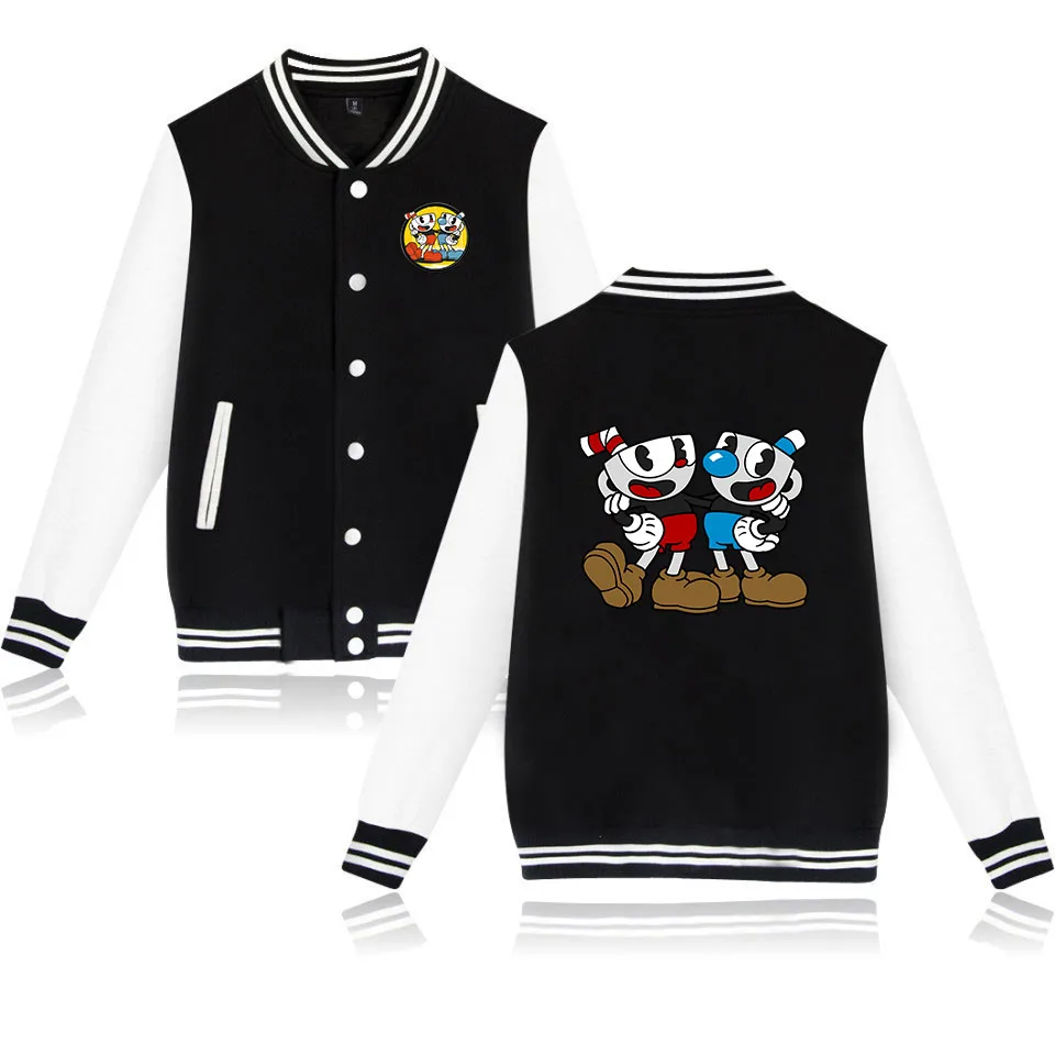 

Hot Cuphead Mugman Varsity Baseball Bomber Jacket Men Women Hip Hop Harajuku Jackets Streetwear Boys Girls Loose College Coats