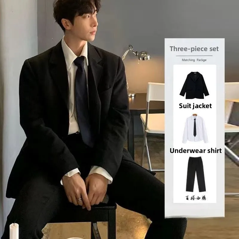 

Loose Casual Black Three-Piece Suit for Men Student Version Korean Style Business Formal Lightweight Mature Suit Set