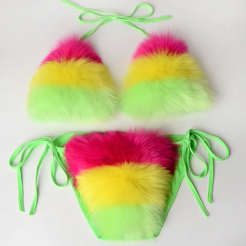 Bikini in pelliccia di peluche da donna a righe arcobaleno Set costume da bagno sportivo in pelliccia di volpe finta due pezzi costumi da bagno femminili reggiseno set di biancheria intima costumi da bagno