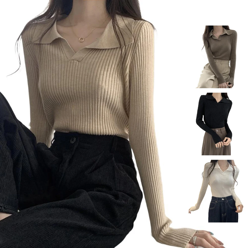 女性用プルオーバーセーター 長袖 ラペルカラー付きニット カジュアル ベーシック ボトムス トップス レイヤリングやデイリーウェアに