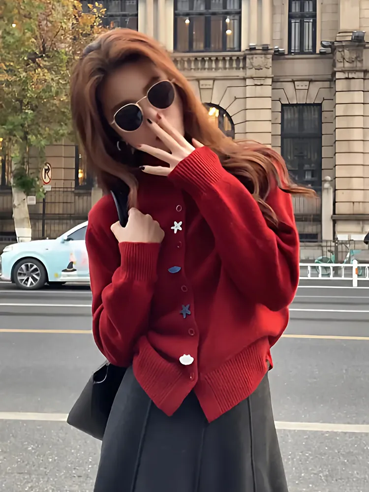 

Корейский стильный красивый вязаный кардиган с высоким воротником для женщин, осенне-зимний модный дизайнерский свитер-жакет, очаровательный топ