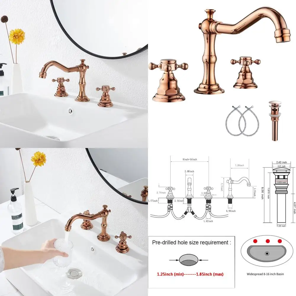 

16 Widespread 8-16 Inch Copper Sink Faucet with 2 Handles, 3 Holes, Pop-Up Drain and Overflow
