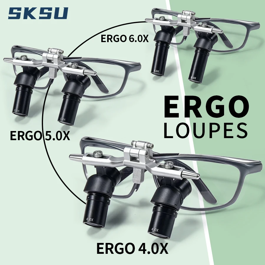 Ergo Optical Dental Lupen 48 ° 4X 5X hochklappbare Lupen für die Mundchirurgie. Komfortable Alternative zum Biegen und Senken des Kopfes