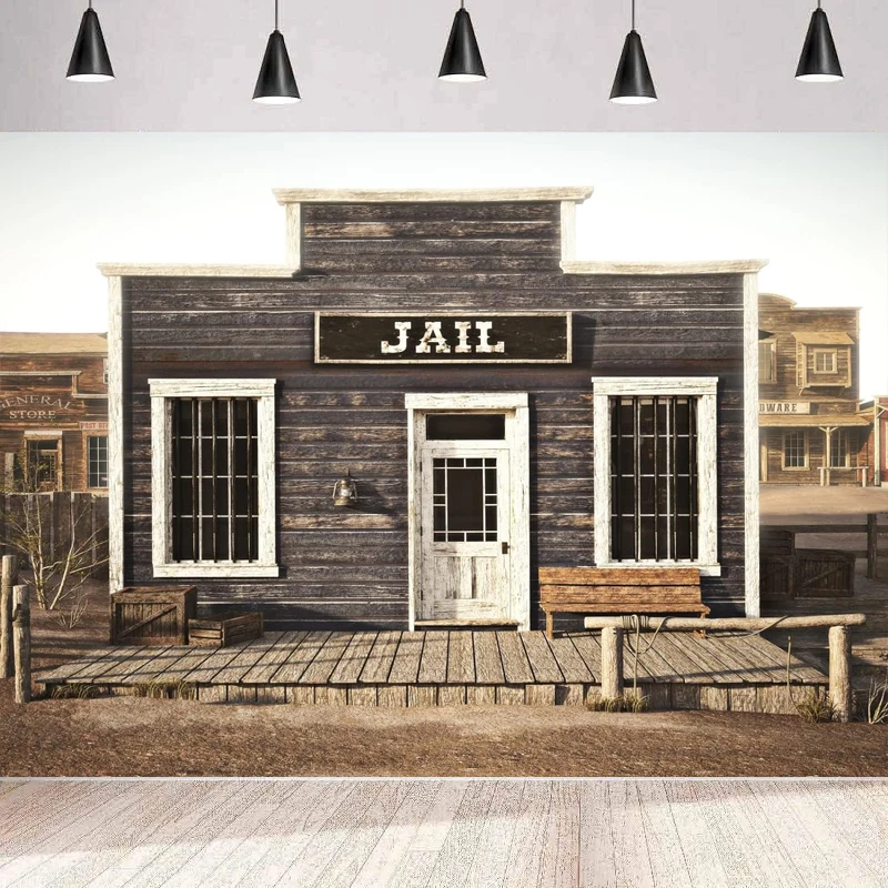 Western Jail Photography Backdrop Rustic Western Town Wooden Prison Wild West Cowboys Background Wall Home Party Banner Poster