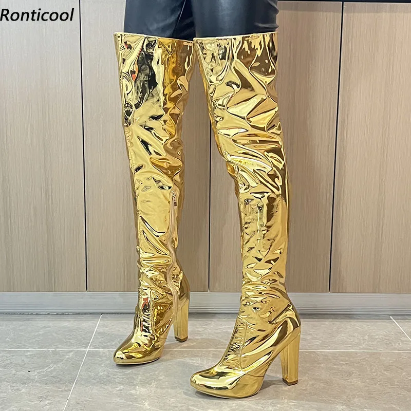 

Ronticool/женские зимние сапоги до бедра ручной работы из лакированной кожи на массивном каблуке с круглым носком, золотистые туфли цвета шампанского для вечеринок, размеры США 5-20