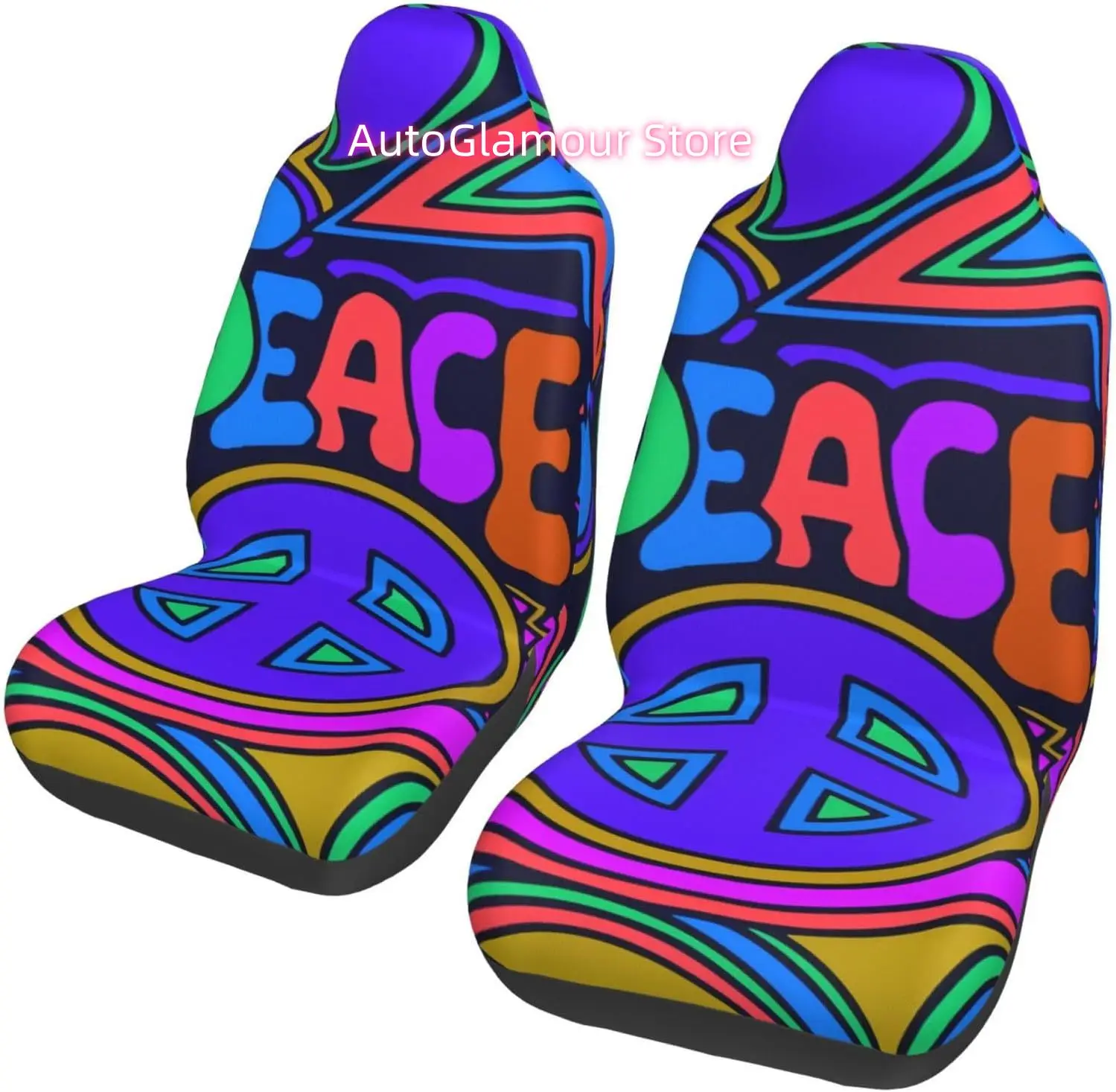 Peace and Love Flowers and Stars Hippie Design 2-Piece   Seat Cover Complete Set - Elastic Seat Protection Cover fo