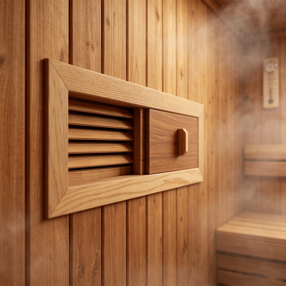 Wooden Sauna Vent Panel with Functional Air Gap Adjustment for Balanced Ventilation in Heated Sauna Environments