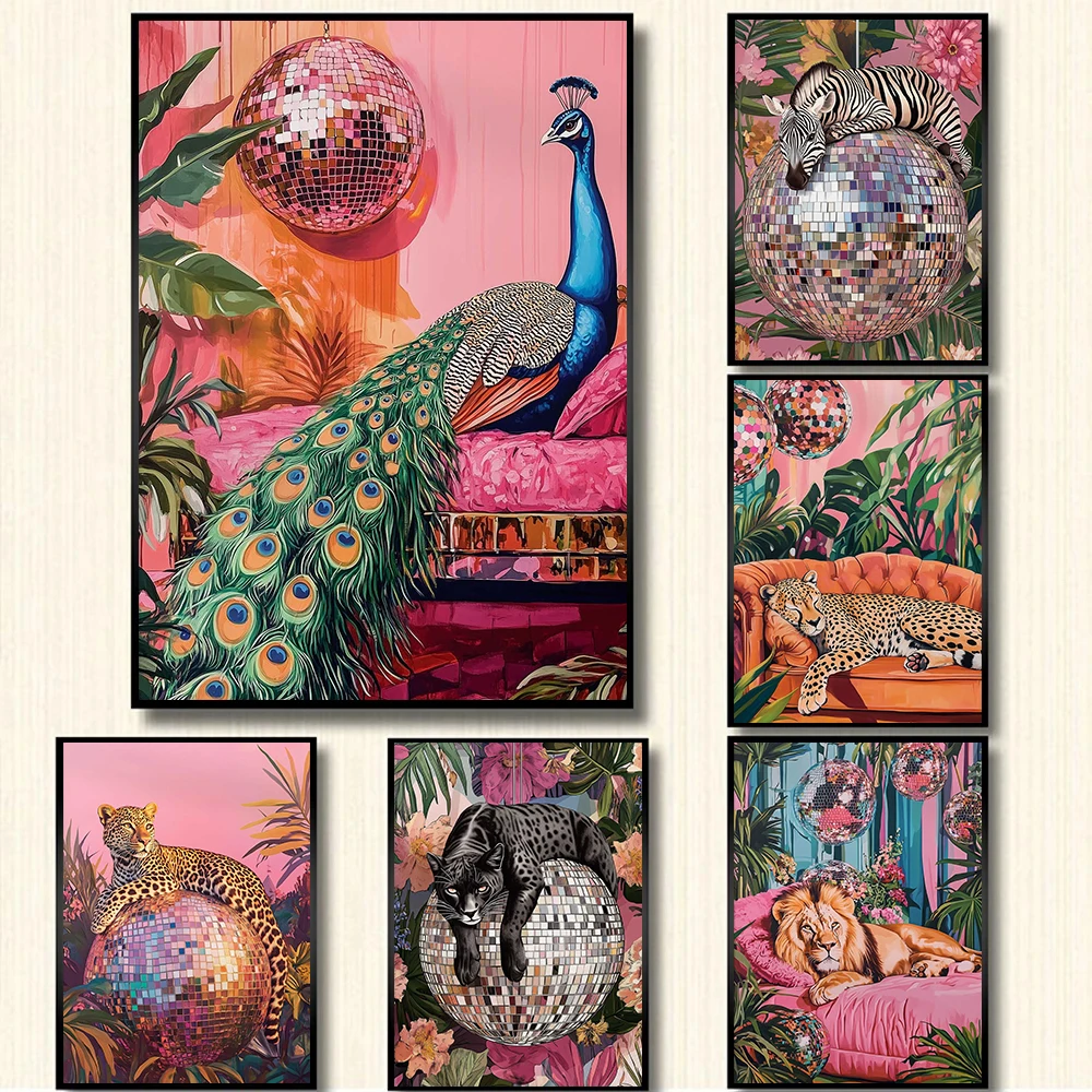 Boho Tropical Disco Ball and Noble Animals Peacock Cheetch Tiger Poster Canvas Painting Wall Art Pictures Home Bathroom Decor